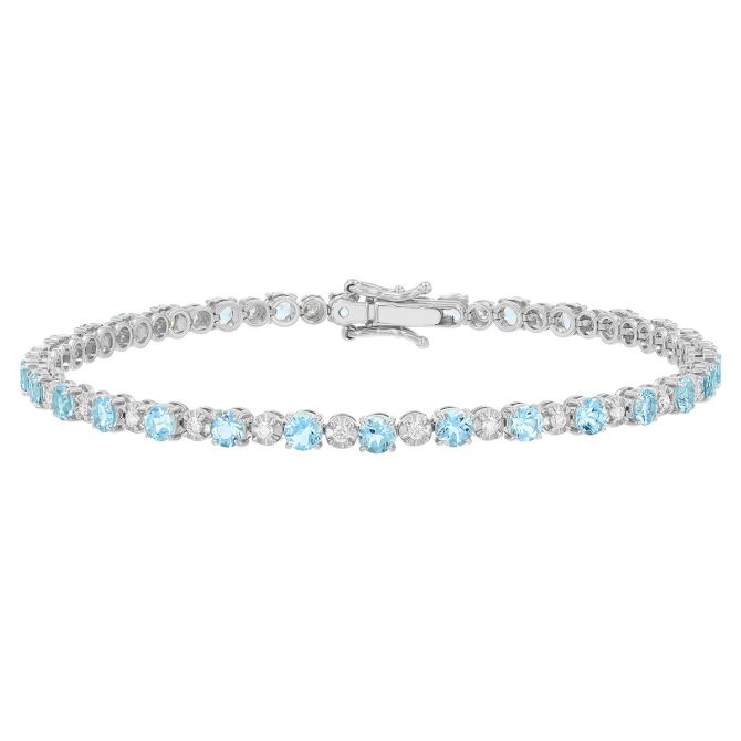 Round Aquamarine & Diamond Alternating Tennis Bracelet in White Gold, 7"