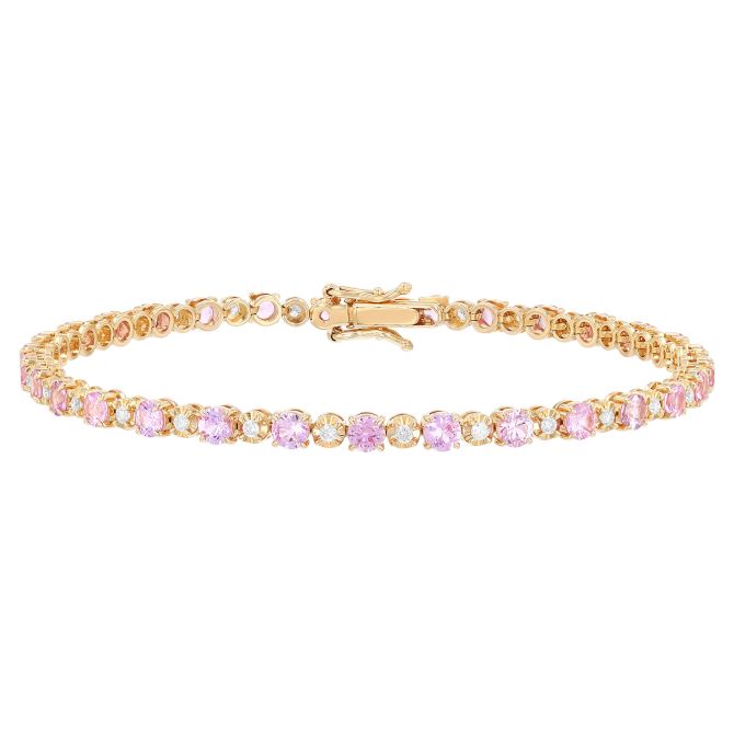 Round Pink Sapphire & Diamond Alternating Tennis Bracelet in Yellow Gold, 7"