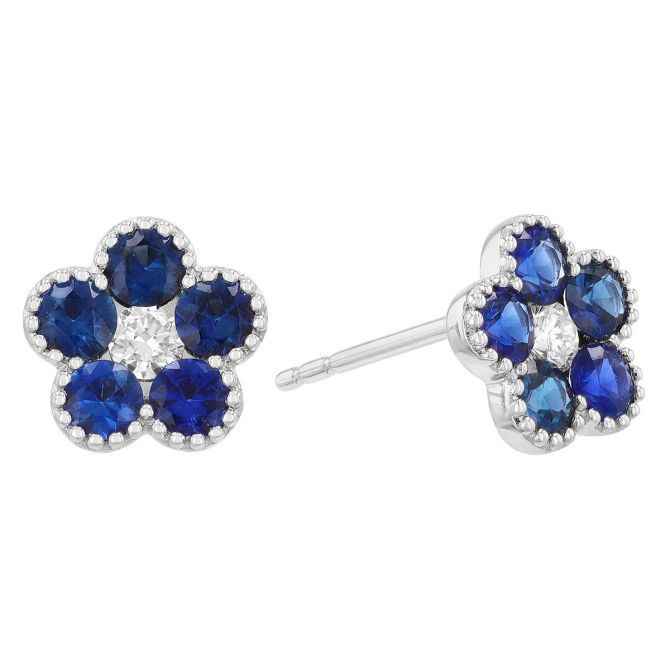 Round Sapphire & Diamond Cluster Floral Stud Earrings in White Gold