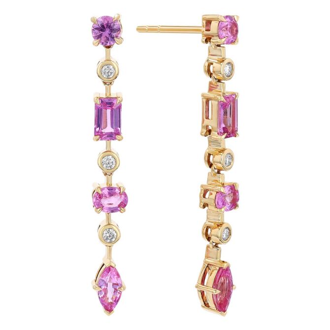 Multi-Shape Pink Sapphire & Diamond Column Dangle Earrings in Yellow Gold