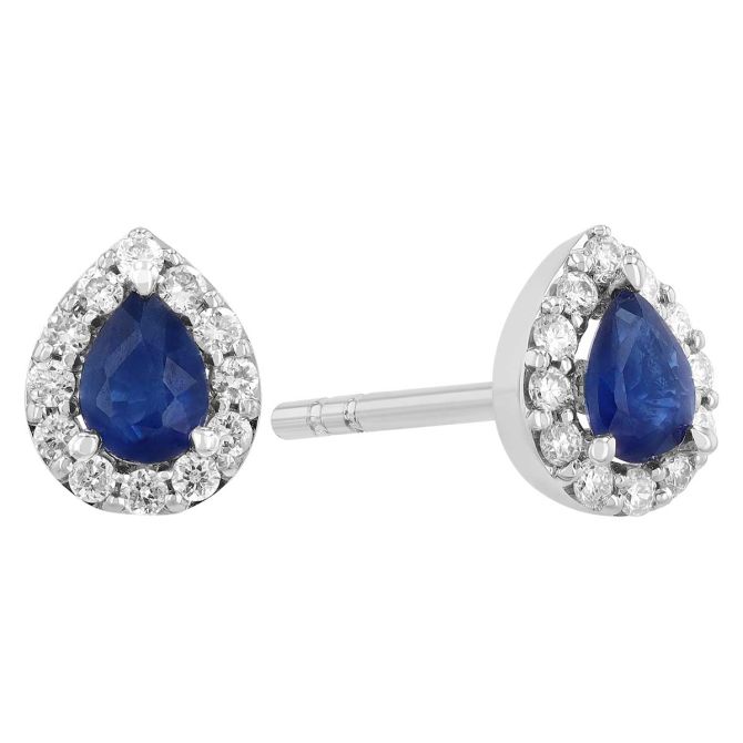 Pear Shape Sapphire & Diamond Halo Stud Earrings in White Gold