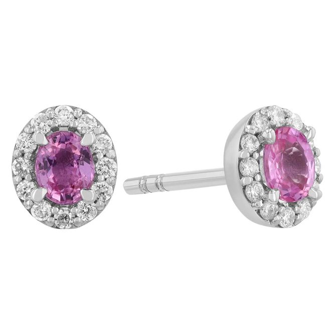 Oval Pink Sapphire & Diamond Halo Stud Earrings in White Gold