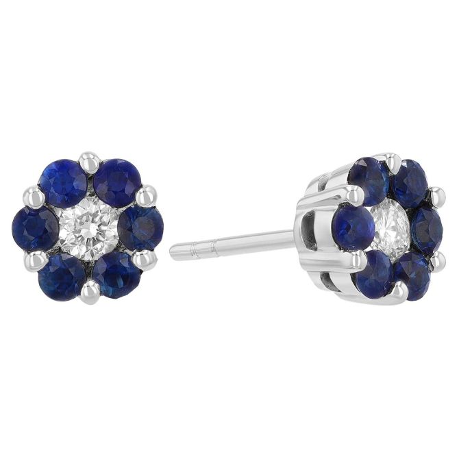 Round Sapphire & Diamond Center Cluster Stud Earrings in White Gold, 1.09 tw