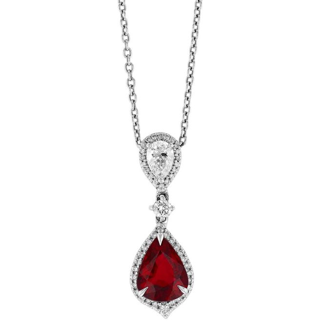 Pear Shape Ruby & Multi-Shape Diamond Pendant in White Gold