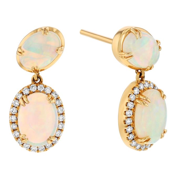 Oval Cabochon Opal & Diamond Drop Earrings in Yellow Gold