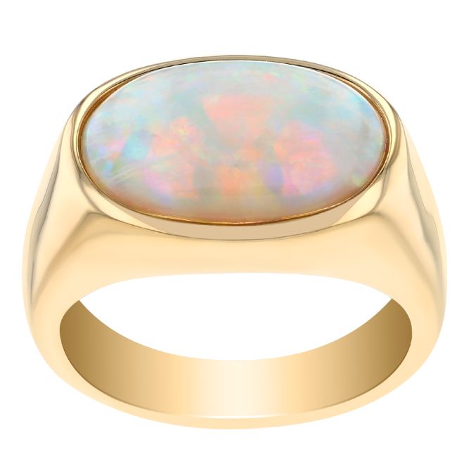 Oval Cabochon Opal Bezel Set Signet Ring in Yellow Gold