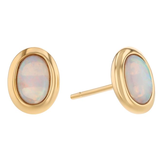 Oval Cabochon Opal Bezel Set Stud Earrings in Yellow Gold