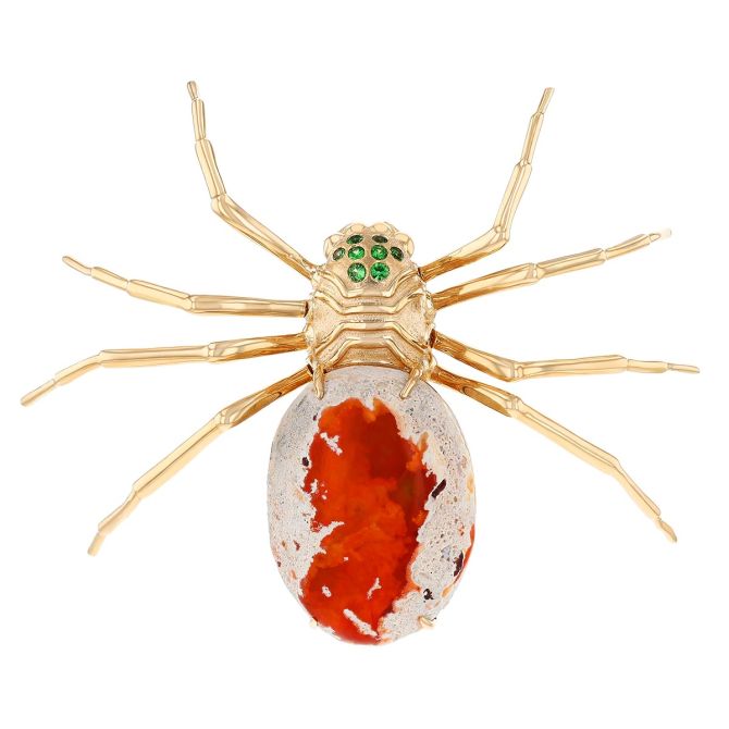 Oval Cabochon Fire Opal Spider Pin in Yellow Gold