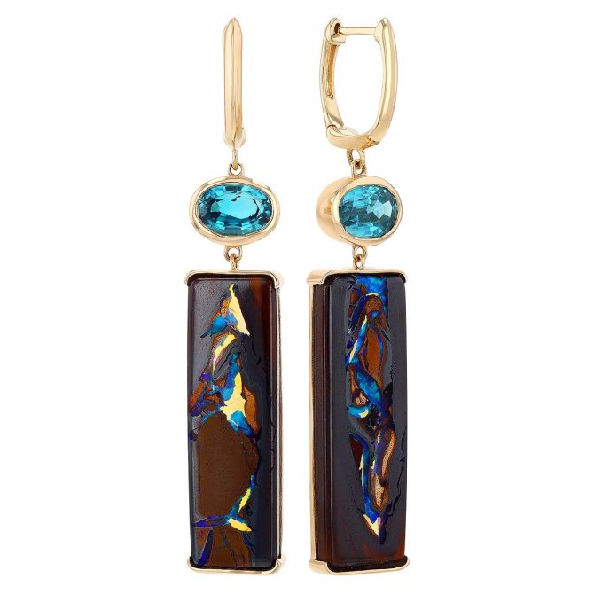 Rectangle Boulder Opal & Oval Zircon Dangle Hoop Earrings in Yellow Gold