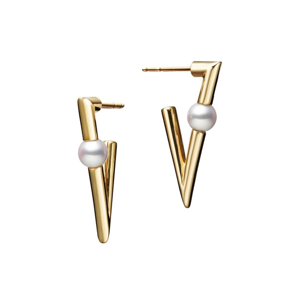 Mikimoto V Code Akoya Cultured Pearl V Drop Earrings in Yellow Gold