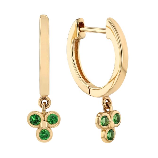 Tsavorite Garnet Trio Dangle Hoop Earrings in Yellow Gold