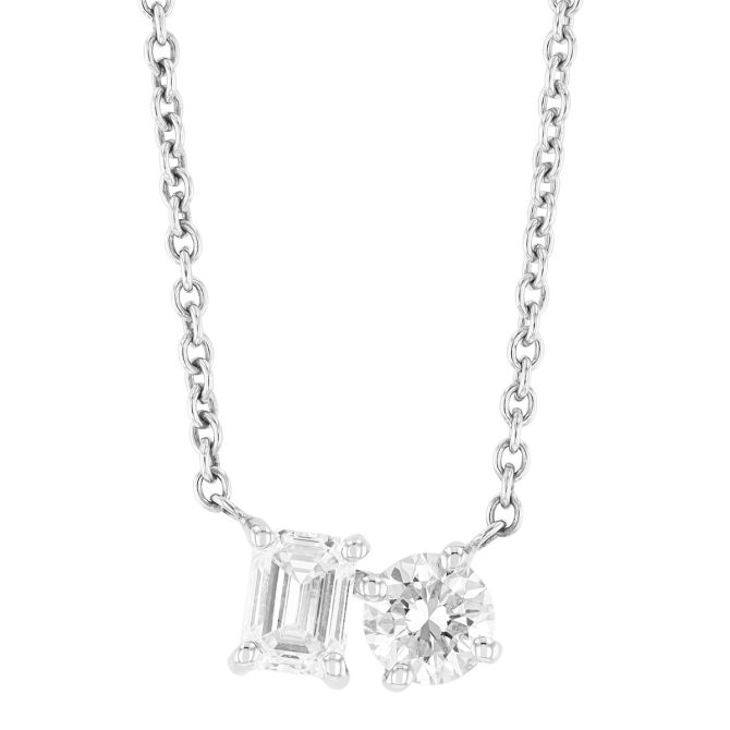 Round & Emerald Cut Diamond Duo Necklace in White Gold