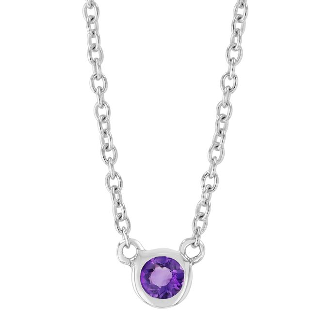 Bezel Set Round Amethyst Solitaire Dainty Pendant in White Gold