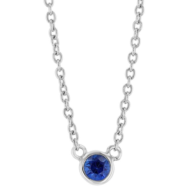 Mini Round Sapphire Bezel Set Solitaire Necklace in White Gold