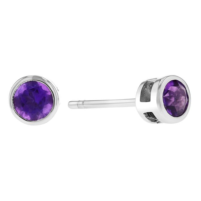 Round Amethyst Bezel Set Stud Earrings in White Gold