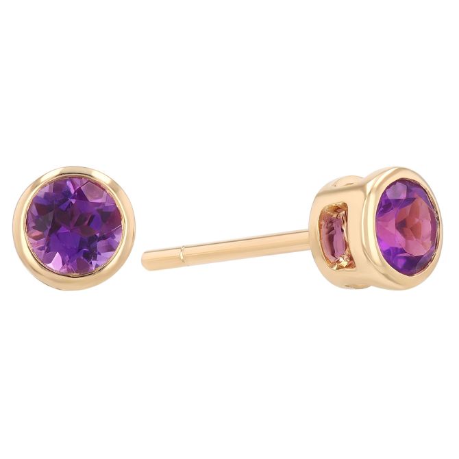 Bezel Set Round Amethyst Stud Earrings in Yellow Gold