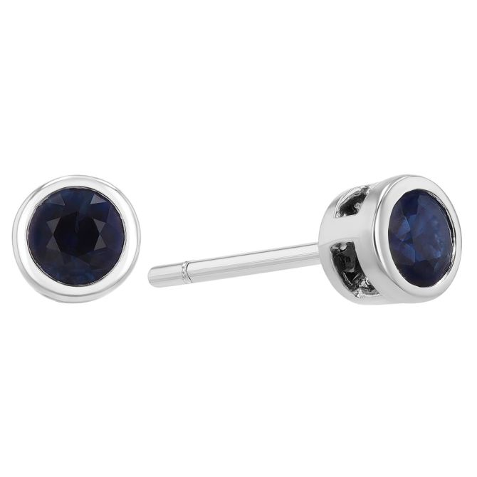 Round Sapphire Bezel Set Stud Earrings in White Gold