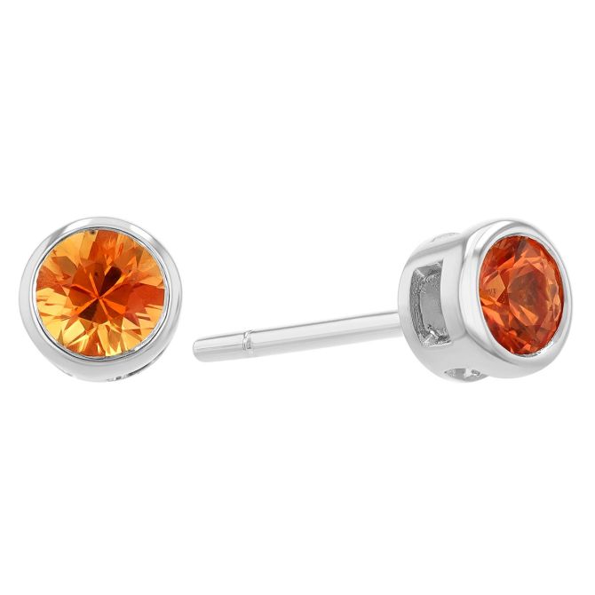 Bezel Set Round Orange Sapphire Stud Earrings in White Gold