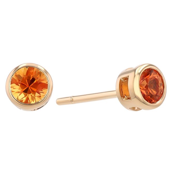 Round Orange Sapphire Bezel Set Stud Earrings in Yellow Gold