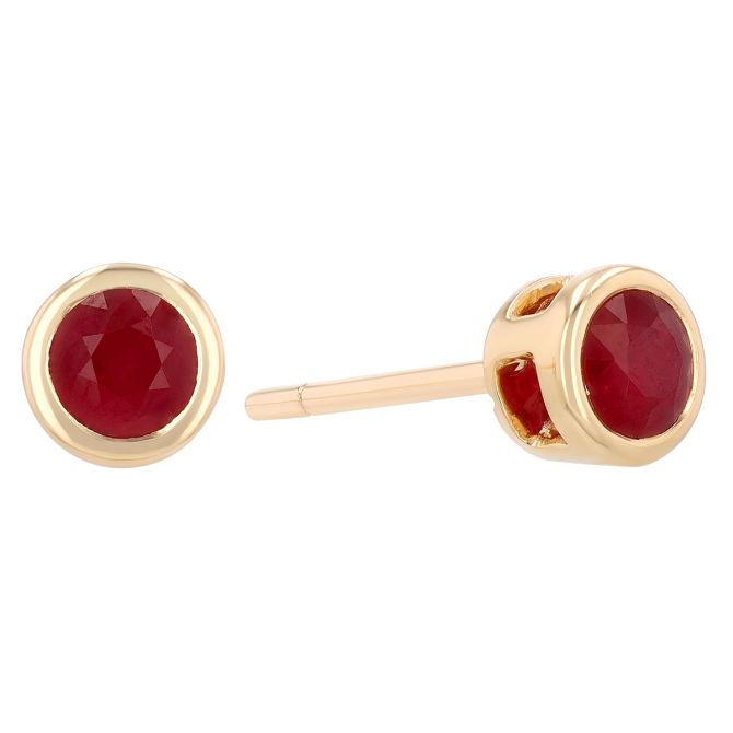 Bezel Set Round Ruby Stud Earrings in Yellow Gold