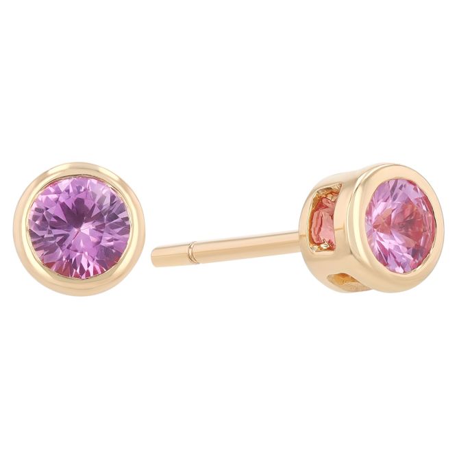 Bezel Set Round Pink Sapphire Stud Earrings in Yellow Gold