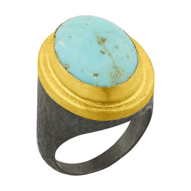 Lika Behar Pompei Turquoise Bezel Set Ring in Yellow Gold & Oxidized Silver