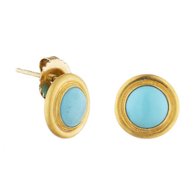 Lika Behar Sweet Sonoran Sunshine Round Cabochon Turquoise Bezel Set Stud Earrings in Yellow Gold