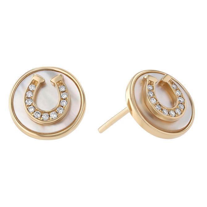 Frederic Sage Diamond Horseshoe & Mother of Pearl Circle Stud Earrings in Yellow Gold