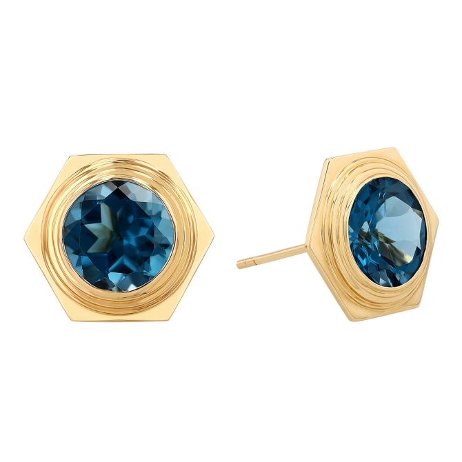 Doves Bezel Set Topaz Hexagon Stud Earrings in Yellow Gold