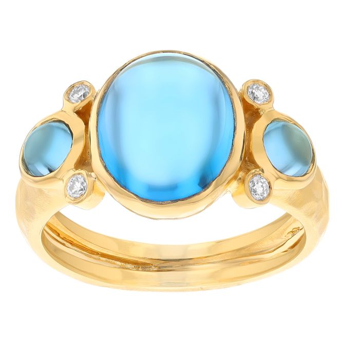 Marika Blue Topaz Cabochon & Diamond Bezel Set Cocktail Ring in Yellow Gold