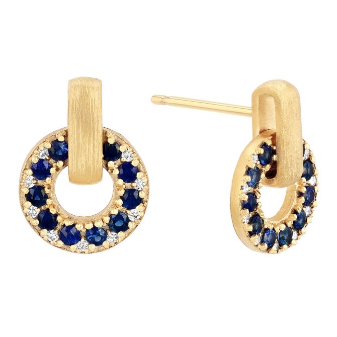 Marika Sapphire & Diamond Open Circle & Link Post  Earrings in Satin Yellow Gold