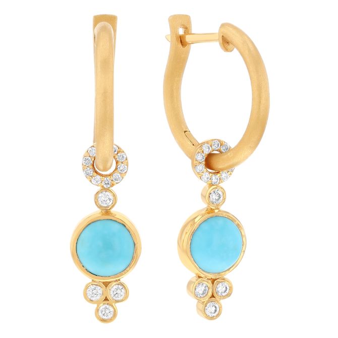 Marika Turquoise Cabochon & Diamond Cluster Dangle Huggie Earrings in Yellow Gold