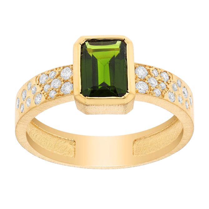 Marika Emerald Cut Green Tourmaline Ring with Flush Set Diamond Shank in Yellow Gold