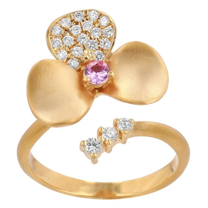 Marika Diamond Pave & Pink Sapphire Flower Bypass Ring in Yellow Gold