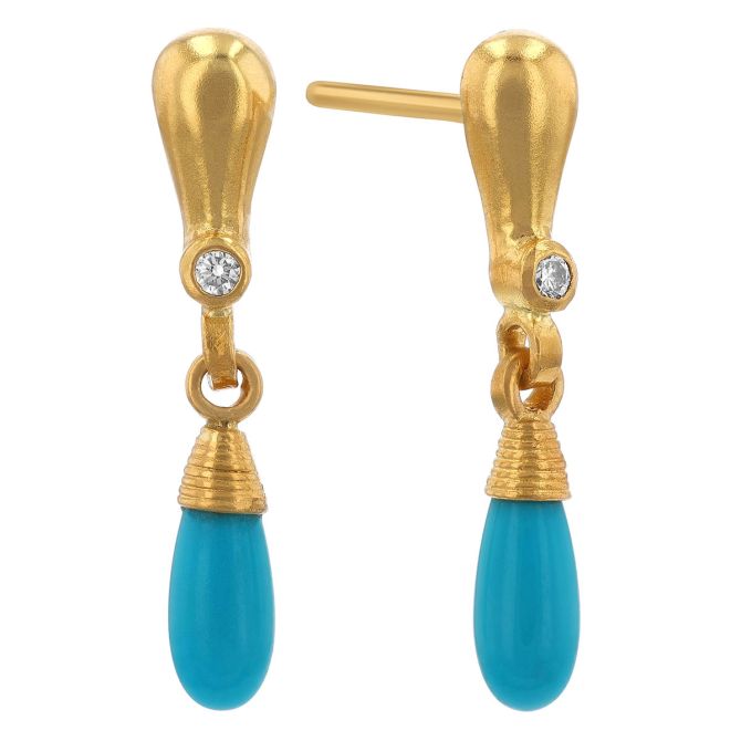 Gurhan Cabochon Turquoise & Diamond Drop Earrings in Yellow Gold