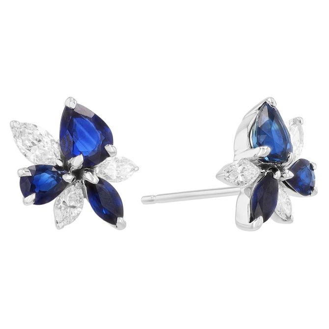 Multi-Shape Sapphire & Marquise Diamond Floral Cluster Stud Earrings in White Gold