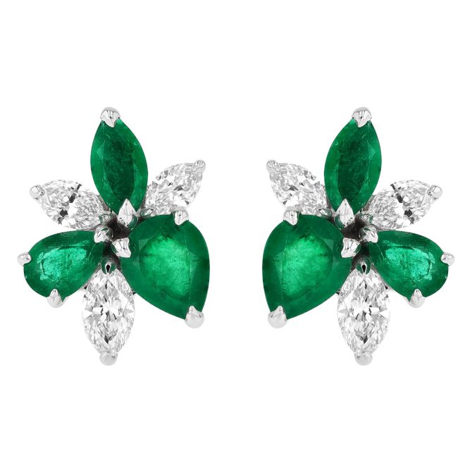 Emerald & Diamond Blossom Post Earrings in White Gold