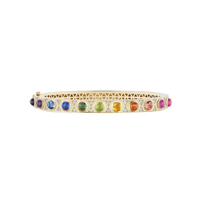 Harwell Godfrey Juju Cabochon Multicolored Sapphire Gemstone Bangle Bracelet in Yellow Gold