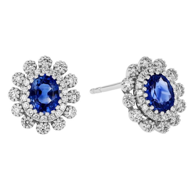 Oval Sapphire & Diamond Milgrain Double Halo Stud Earrings in White Gold