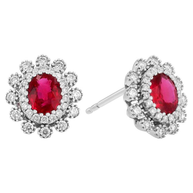 Oval Ruby & Double Diamond Halo Stud Earrings in White Gold