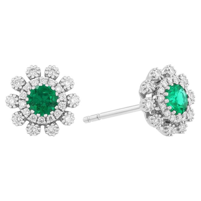 Round Emerald & Double Diamond Halo Stud Earrings in White Gold