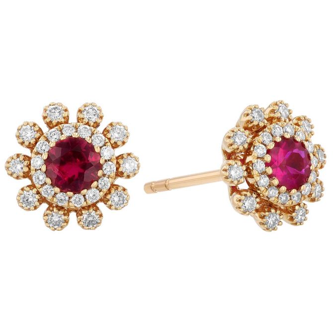 Round Ruby & Double Diamond Halo Stud Earrings in Yellow Gold