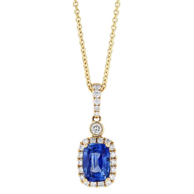 Cushion Cut Sapphire & Diamond Halo Pendant in Yellow Gold, 18"