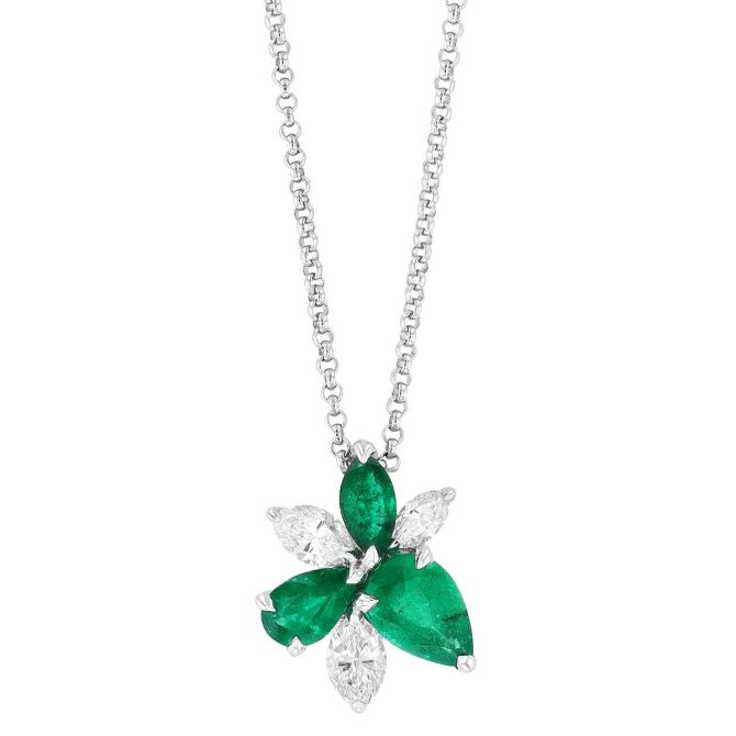 Multi-Shape Emerald & Marquise Diamond Floral Cluster Pendant in White Gold, 18"