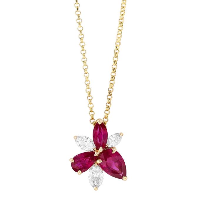 Multi-Shape Ruby & Marquise Diamond Floral Cluster Pendant in Yellow Gold, 18"