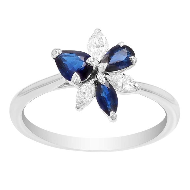 Multi-Shape Sapphire & Marquise Diamond Floral Cluster Ring in White Gold