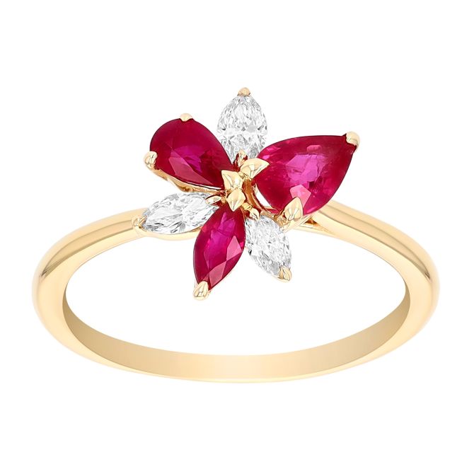 Multi-Shape Ruby & Marquise Diamond Floral Cluster Ring in Yellow Gold