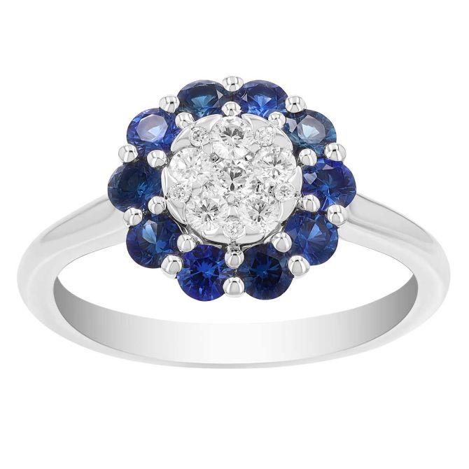 Round Diamond & Sapphire Halo Floral Ring in White Gold