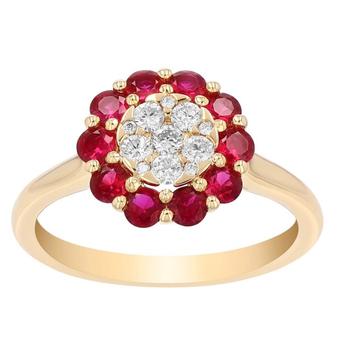 Round Diamond & Ruby Halo Floral Ring in Yellow Gold