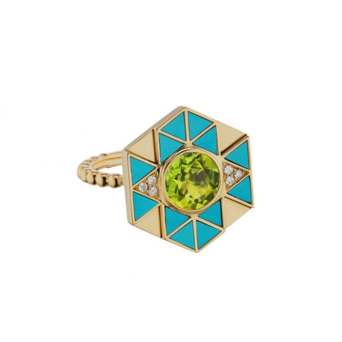 Harwell Godfrey Turquoise & Peridot Evil Eye Ring in Yellow Gold